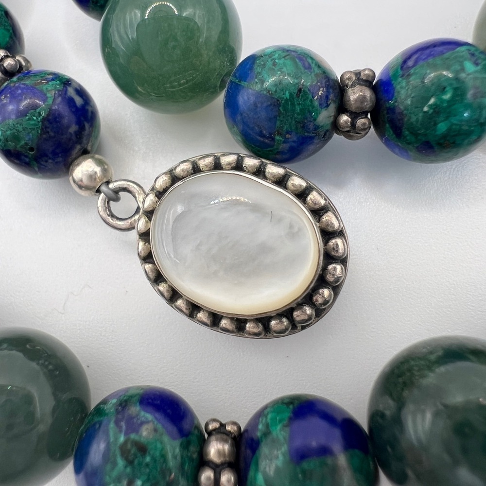 VTG 925 Sterling Azurite Malachite Moss Agate Mother of Pearl Beaded Necklace - Picture 8 of 13